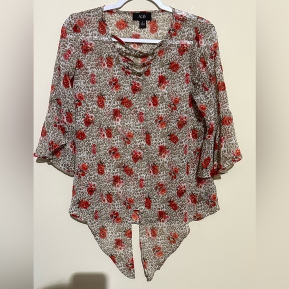 AGB Red and Cream Floral sheer  Top